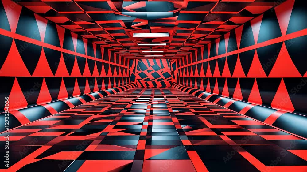 Poster futuristic 3d tunnel with red and black geometric patterns, reflections, and an abstract high-tech p