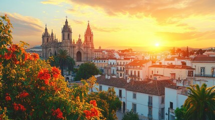 Obraz premium Spanish cathedral city sunset vista with flowering plants