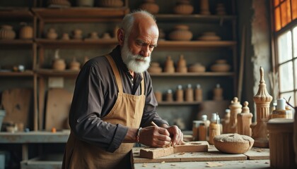 Elderly artisan meticulously carving wood in a rustic workshop filled with handcrafted items
