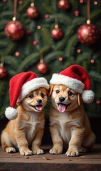 Adorable puppies in festive Santa hats capture the joy of the holiday season. Perfect for seasonal marketing, greeting cards, or pet-related promotions.