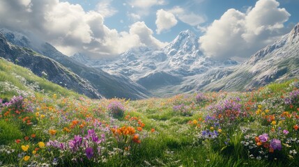 Fototapeta premium A Vibrant Meadow Surrounded by Majestic Mountains Under a Bright Sky