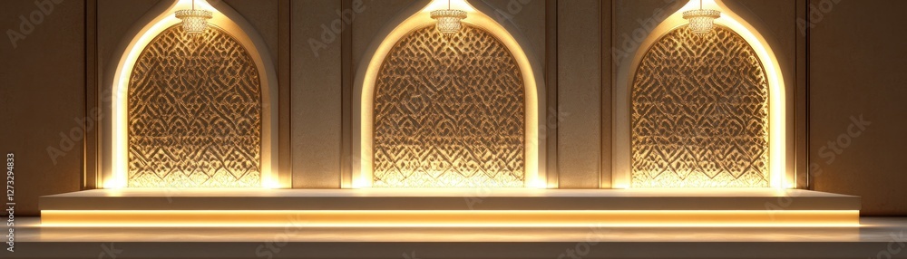 Poster elegant golden arches frame elaborate patterned walls above a platform
