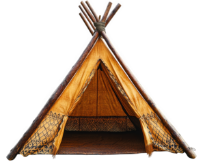 tribal style tent with handwoven details and wooden supports, showcasing unique craftsmanship and cultural significance. This structure evokes sense of tradition and connection to nature