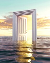 Fototapeta premium Surreal doorway rising from the ocean at sunset creating a dreamlike atmosphere : Generative AI