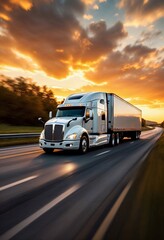 Obraz premium A modern white semi-truck with a trailer drives on a USA road during a dramatic sunset.