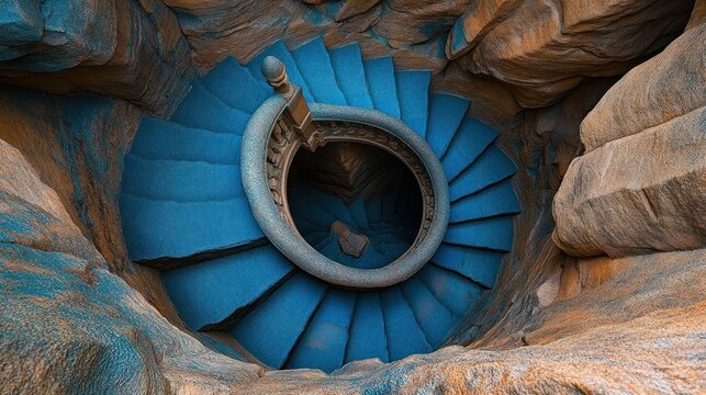 Spiral staircase descending into cave, earthy tones