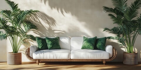 Elegant white couch adorned with plush stacked green velvet pillows; soft hues and cozy allure beckon from its inviting form, suggesting comfort and style