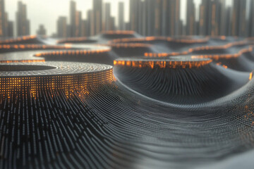 Detailed representation of neural network data flows in a futuristic cityscape at sunset
