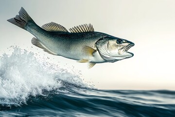 Naklejka premium Stunning Image of a Bass Breaking the Surface of Water in Dynamic Motion : Generative AI