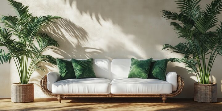 Elegant white couch adorned with plush stacked green velvet pillows; soft hues and cozy allure beckon from its inviting form, suggesting comfort and style