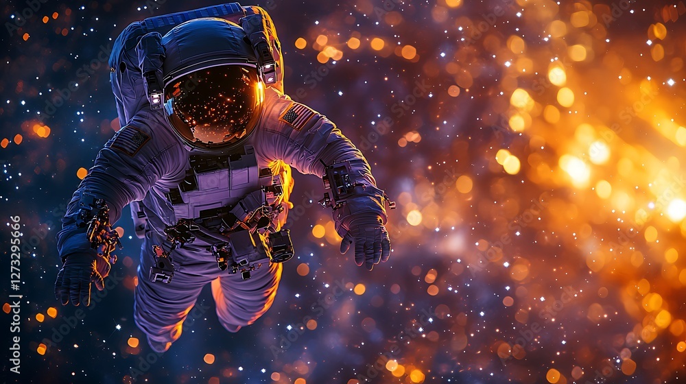 Poster astronaut floating in space with stars and an orange nebula background, exploration, science