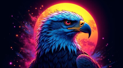 Vibrant digital artwork of a majestic eagle against a colorful sunset backdrop showcasing intricate details and bold hues