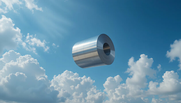 steel roll in mid-air against a blue sky with fluffy clouds