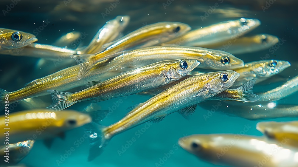 Poster Dynamic image of a group of fish swimming in crystal clear waters showcasing their vibrant silver scales : Generative AI