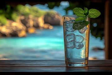 Refreshing Summer Drink by the Ocean with Mint Garnish