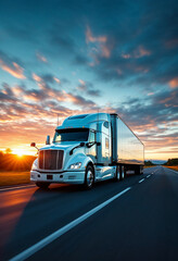 Obraz premium A modern white semi-truck with a trailer drives on a USA road during a dramatic sunset.