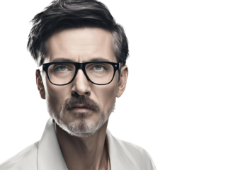 白バックで何かを見つめる眼鏡をかけたインテリ男性