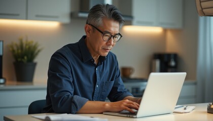 Middle aged Asian man working intently at a laptop in a modern kitchen during the morning