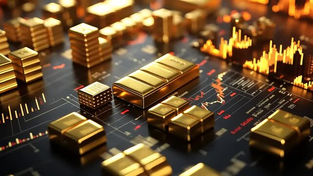 Close-up of gold bars on a financial market background with graphs and data analysis, showcasing wealth