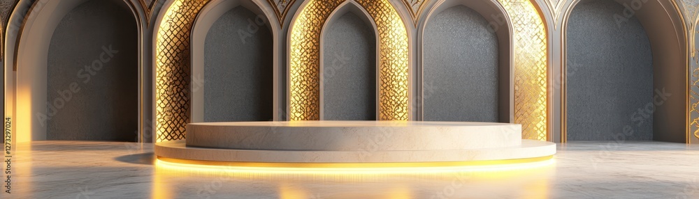 Poster elegant presentation stage with golden arches and soft light