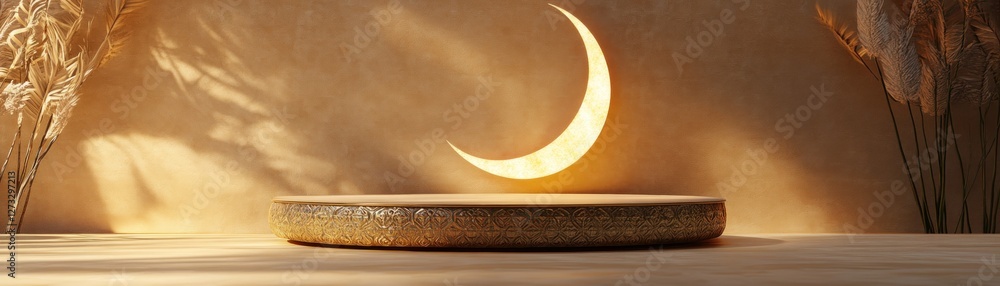 Aufkleber golden moon display with beige backdrop and soft lighting