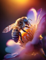 Macro Shot of Bee Pollinating Flower at Sunset with Warm Light. Ai Generative