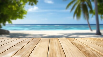 Fototapeta premium Wooden table with a blurred tropical beach and palm trees in the background : Generative AI