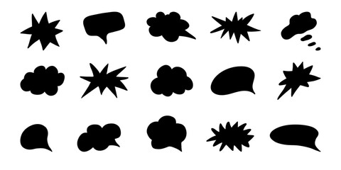 Comic boom elements, and speech bubbles in black silhouettes. Ideal for comic designs, pop art, and retro style illustrations. Comic burst explosion hand drawn vector © Екатерина Тарасова