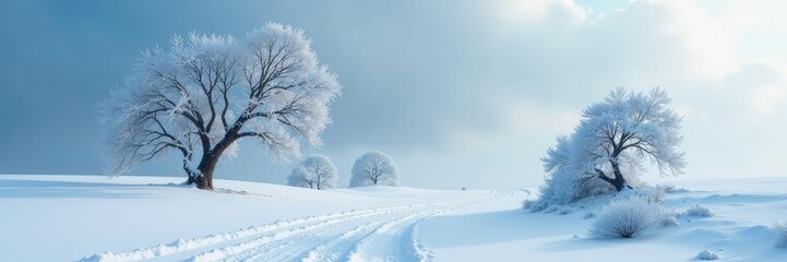 Desolate snowy terrain with trees bent by strong winds, winter storm, windy conditions