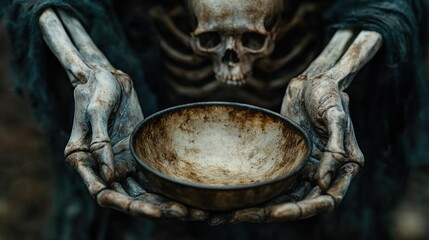 An artistic depiction of hunger with an empty bowl and skeletal hands