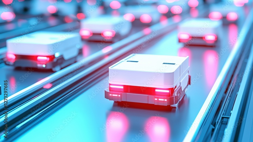 Poster futuristic delivery robots navigate glowing tracks, showcasing advanced automation and efficient log
