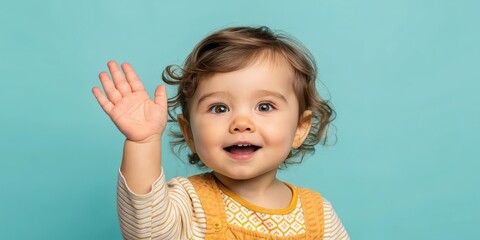 A cute baby waving with a cheerful expression on a light blue background
