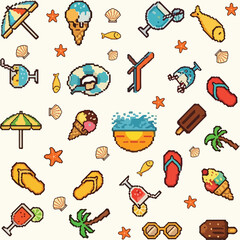 Pixel vector Art Summer Icons. Beach & Vacation Pattern
Seamless pixel art pattern vector featuring summer-themed elements. Perfect for beach-themed designs, digital art, and retro-style projects.
