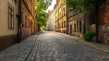 Obraz premium Serene cobblestone street lined with historic buildings and lush greenery during golden hour