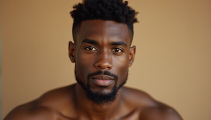 Fototapeta premium Close up portrait of a young African male with striking features and confident expression captured against a neutral background