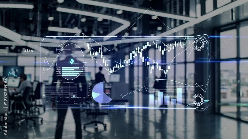 Poster futuristic office video concept with a low-angle view, showcasing digital graphs and data overlays i