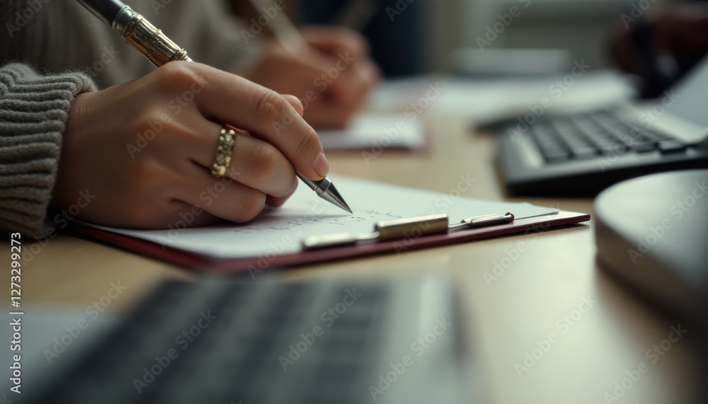 Poster Close up of hands writing notes with a pen on a notepad surrounded by keyboards in a focused workspace