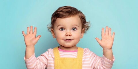 an adorable baby raising his hands with a delightful and surprised expression, against a pastel background