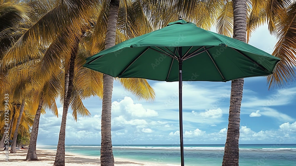Poster Charming beach scene with a green umbrella surrounded by palm trees against a stunning ocean backdrop : Generative AI
