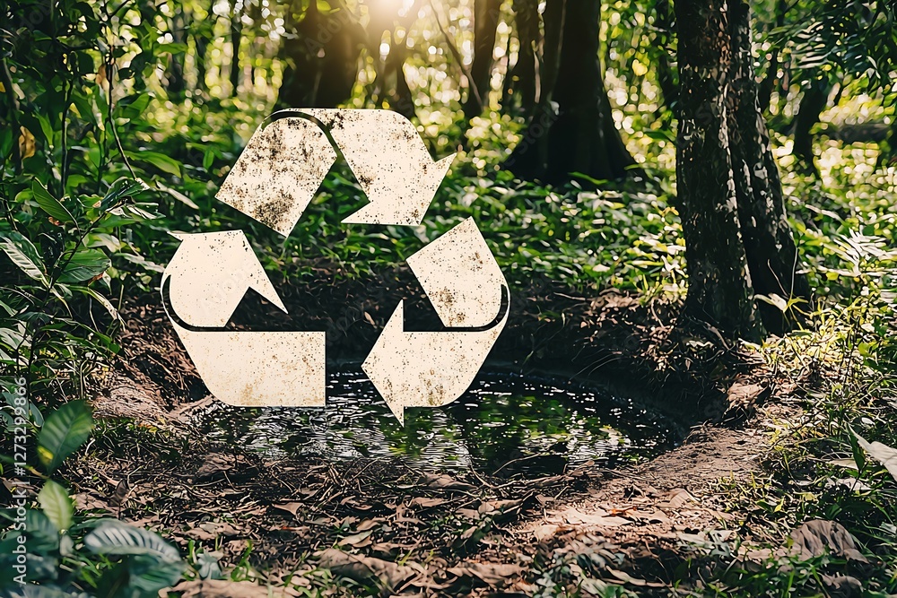 Poster rustic recycling symbol near a calm water body surrounded by dense forest under soft sunlight : gene