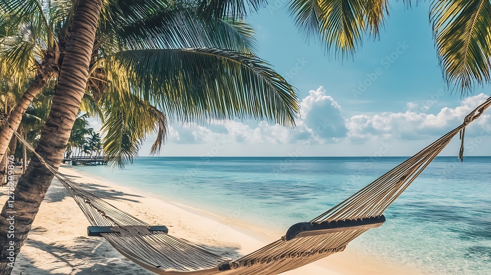 Poster tropical beach with a hammock swaying between palm trees under a clear blue sky : generative ai