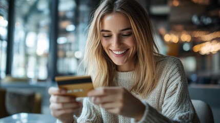 Woman smiles, cafe credit card payment
