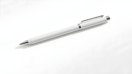 A sleek, modern pen mockup lying on a white surface with soft shadows. The pen barrel is blank, allowing space for a logo or custom branding