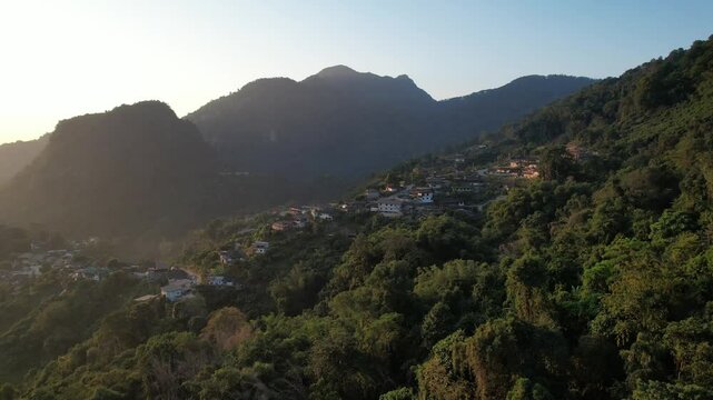 Aerial view from drone of the rural village in the mountains in the morning