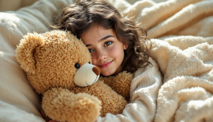 A young girl holds her teddy bear, radiating comfort and innocence.

