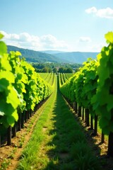 Rows of lush green grapevines stretching into the horizon, agriculture, landscape
