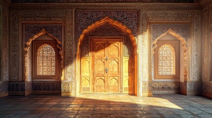 Fototapeta premium A majestic golden passageway with a beautifully crafted wooden door, illuminated by sunlight filtering through ornate windows.