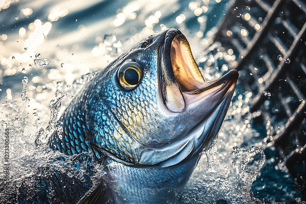 Aufkleber stunning view of a blue fish jumping out of the water creating splashes in a river : generative ai