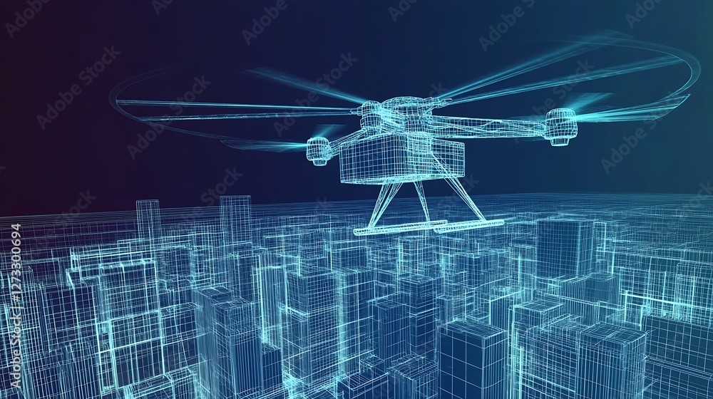 Poster futuristic drone flying above a city skyline in a digital wireframe design showcasing technology and