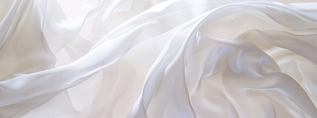 Obraz premium White glossy smooth curtain fabric clothes wave curve ripple flowing canvas abstract elegance silk glowing lighting luxury material horizontal.